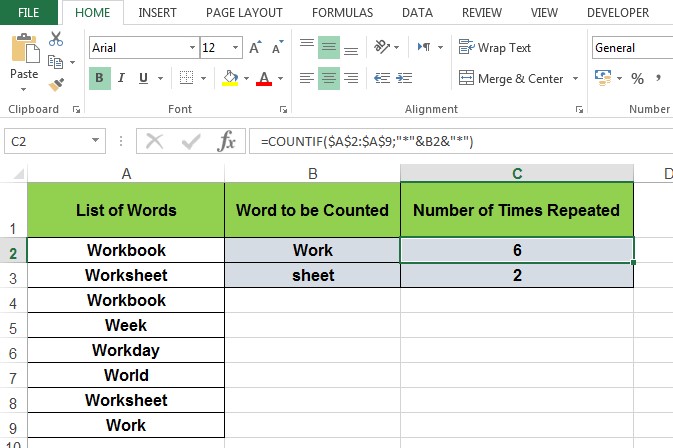 use-of-countif-function-to-count-repeated-word